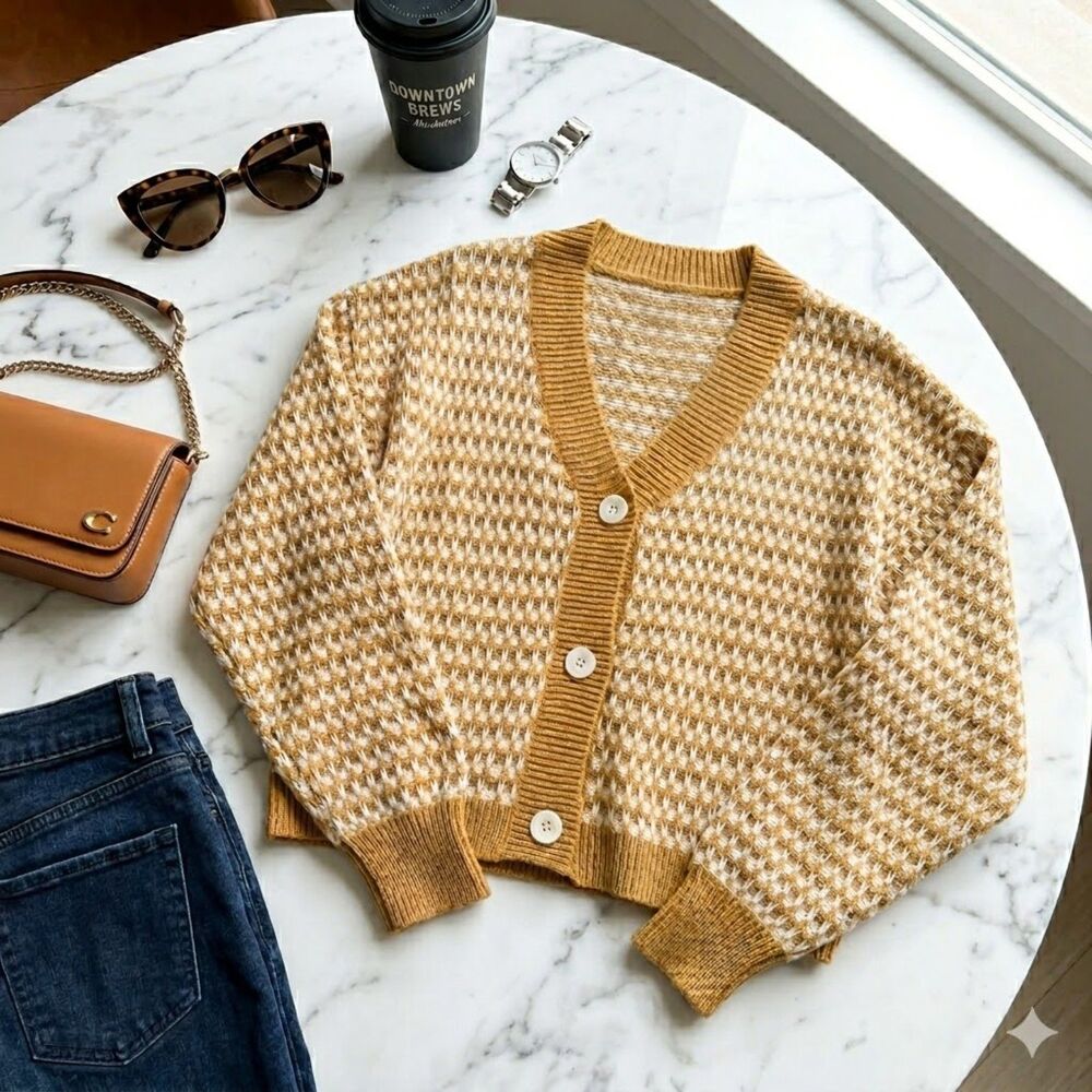 NWT Tan & White Checkered Cardigan SZ S • Chunky Oversized Knit • Downtown Girl